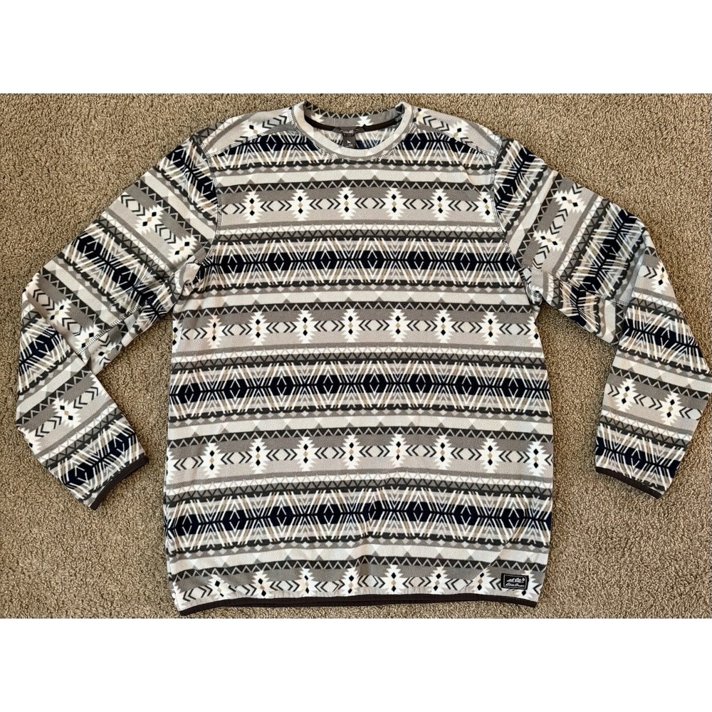 Eddie Bauer Mens XL Pullover Fleece Aztec White Blue Gray Crew Neck Soft Warm
